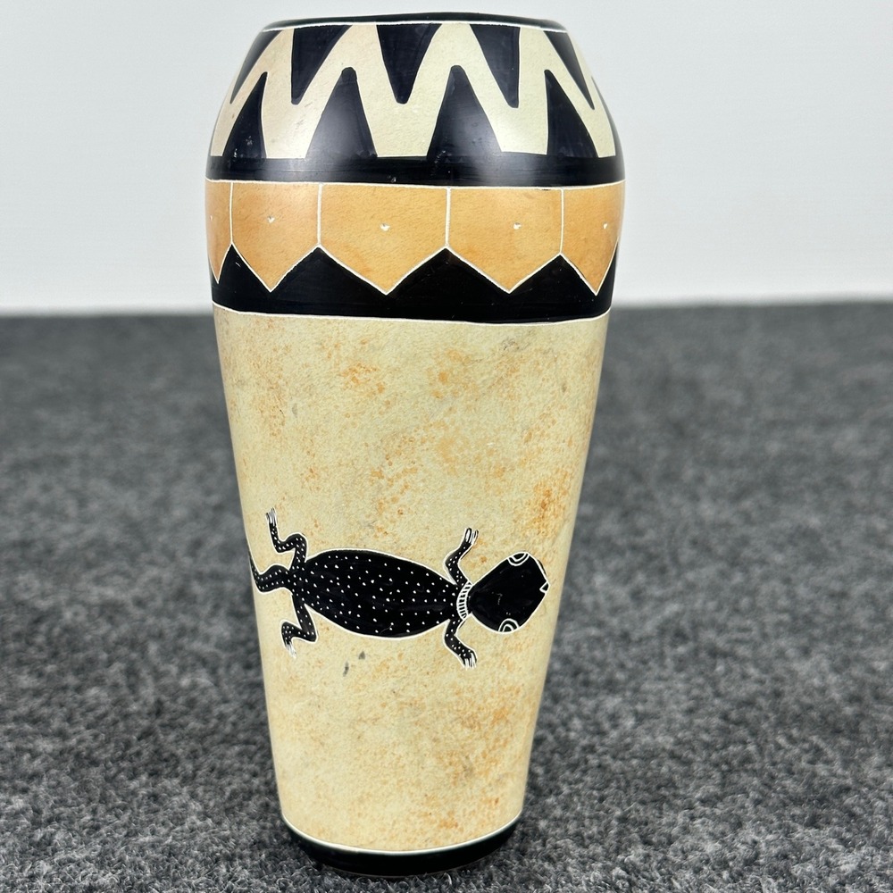 Southwestern Hand Painted Gecko Ceramic Vase Set 2pc Tribal Geometric Pattern - Picture 8 of 14